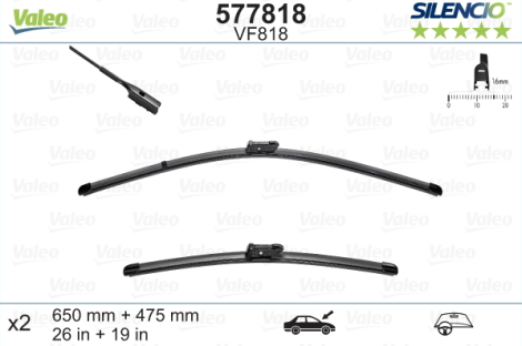 Front aero wiper blade set by VALEO SILENCIO for Audi/Lamborghini/VW, 65cm+47cm