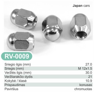 Wheel nut (cone seat) - M12X1.5/SW21/H30 for Mazda, Nissan, Subaru, Suzuki, Toyota.