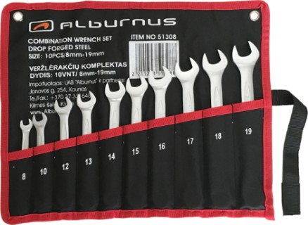 Set of 10 combination open & ringed spanner, 8-19mm