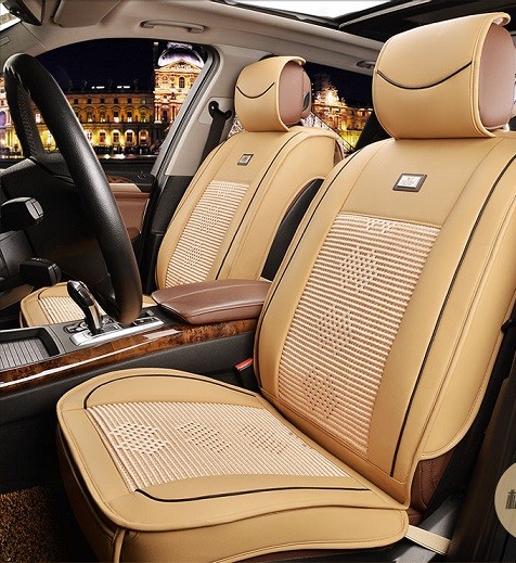 2PCS x Leather imitation front seat covers with textile inserts, beige