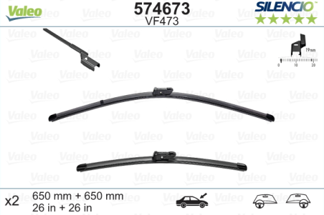 Front Wiperblade set by VALEO SILENCIO for PEUGEOT, 65cm+65cm