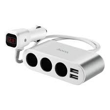 Cigarette lighter splitter with voltmeter - HOCO PREMIUM, 12V  (3х + 2usb)
