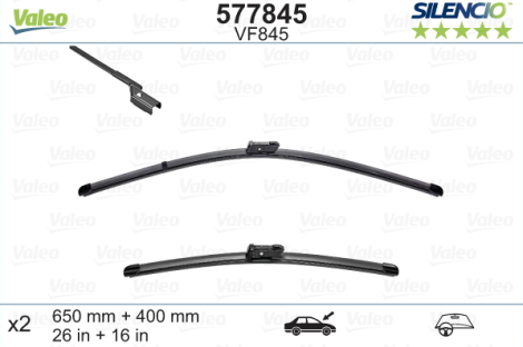 Front Aero wiper blade set VALEO SILENCIO, 65cm+40cm